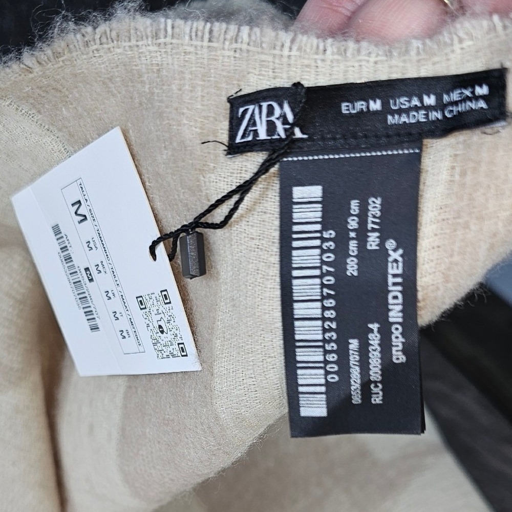 ZARA Geometric Pattern Scarf Wrap Shawl Beige Brown Neutral Oversized - Picture 3 of 7